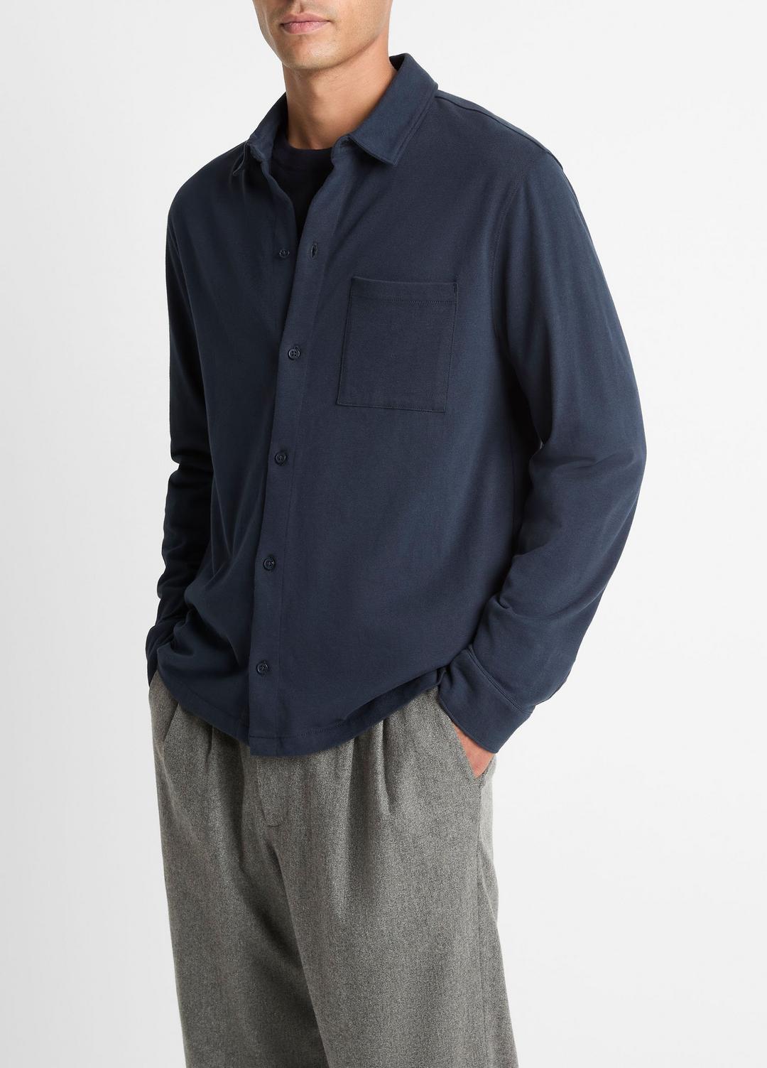 VINCE Men Sueded Cotton Jersey Button-Front Shirt in Long Sleeve COASTAL BLUE