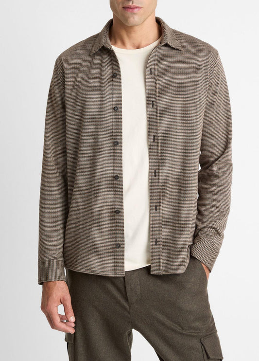 VINCE Men Houndstooth Cotton-Blend Button-Front Shirt in Long Sleeve DARK ROAST COMBO