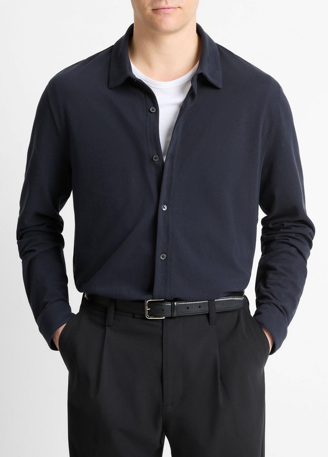 VINCE Men Cotton Piqué Button-Front Shirt in Long Sleeve COASTAL BLUE
