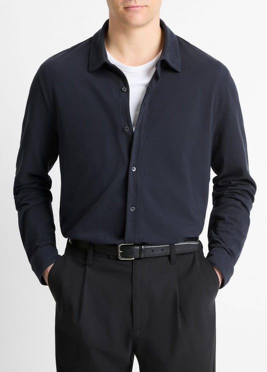 VINCE Men Cotton Piqué Button-Front Shirt in Long Sleeve COASTAL BLUE
