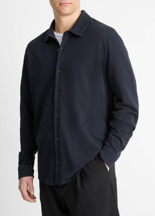 Cotton Piqué Button-Front Shirt in Long Sleeve - COASTAL BLUE | VINCE Men