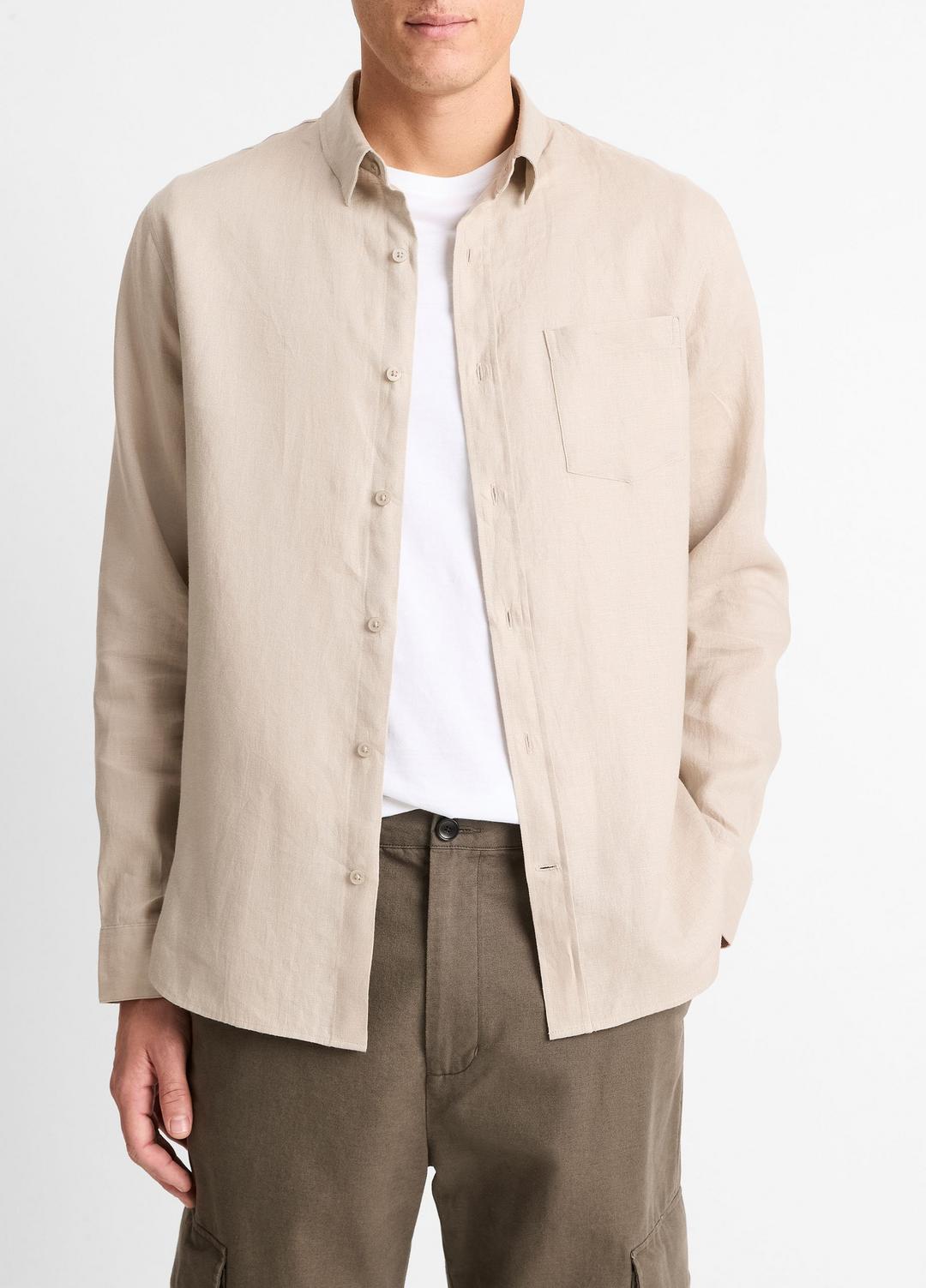 VINCE Men Linen Long-Sleeve Shirt in Long Sleeve PUMICE ROCK