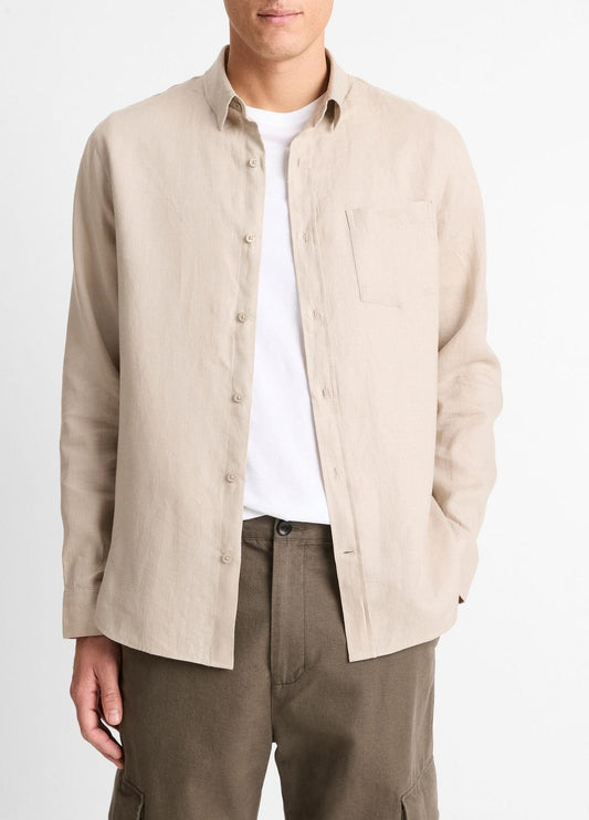 VINCE Men Linen Long-Sleeve Shirt in Long Sleeve PUMICE ROCK