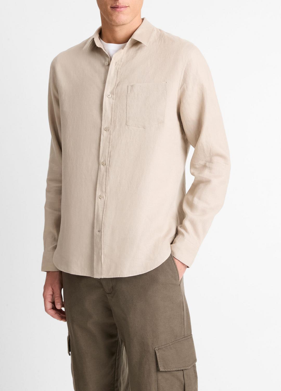 VINCE Men Linen Long-Sleeve Shirt in Long Sleeve PUMICE ROCK