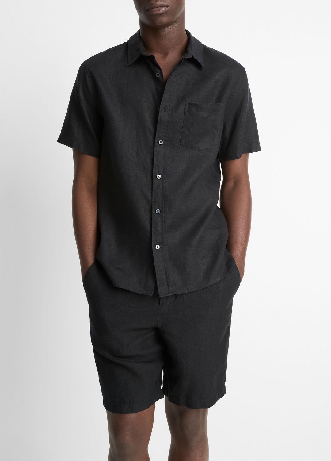 VINCE Men Linen Short-Sleeve Shirt in Short Sleeve BLACK