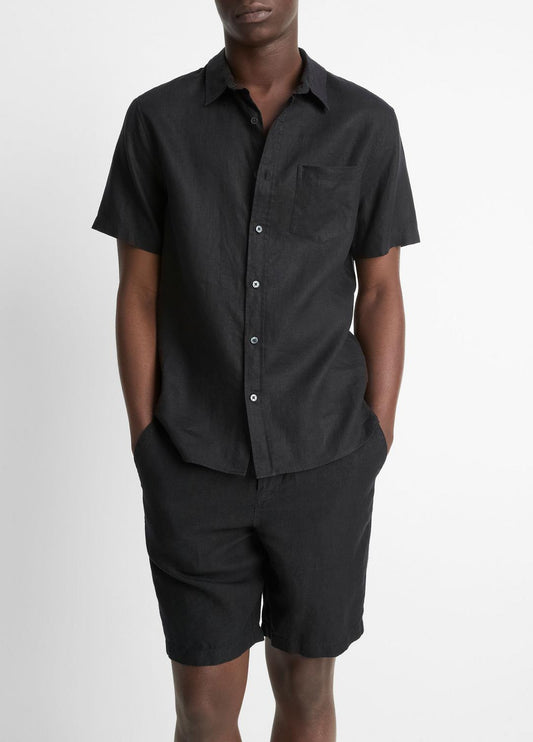 VINCE Men Linen Short-Sleeve Shirt in Short Sleeve BLACK