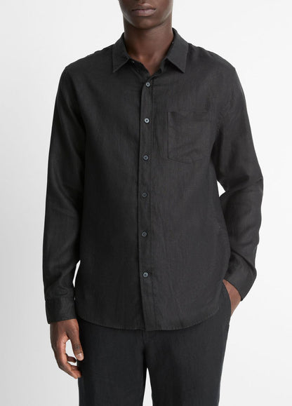 VINCE Men Linen Long-Sleeve Shirt in Long Sleeve BLACK