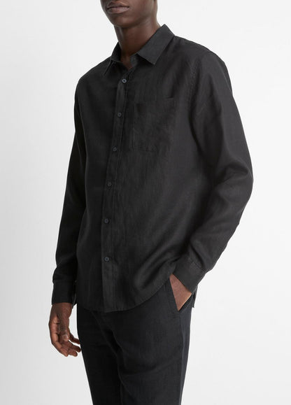 VINCE Men Linen Long-Sleeve Shirt in Long Sleeve BLACK