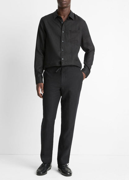 VINCE Men Linen Long-Sleeve Shirt in Long Sleeve BLACK