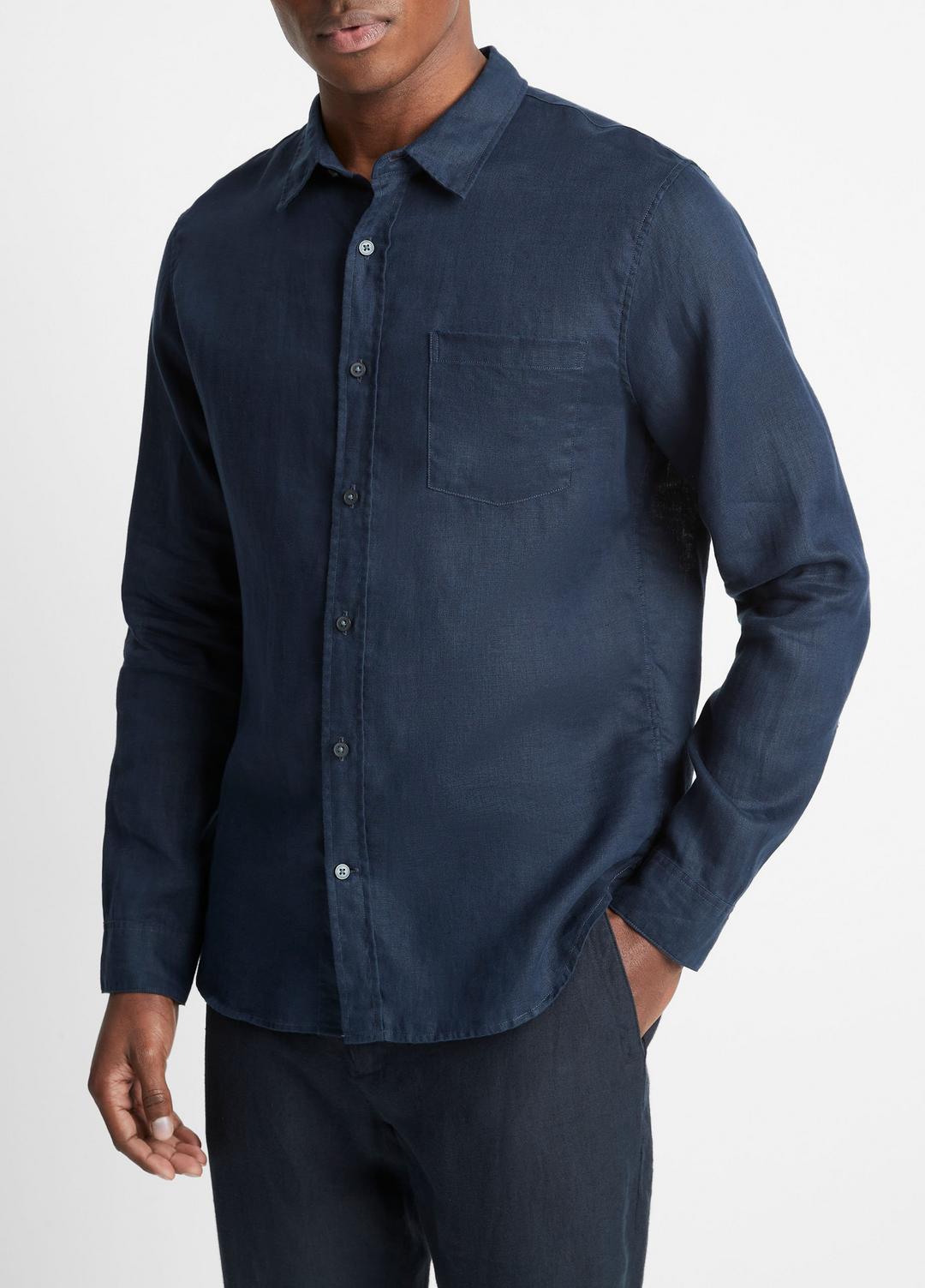 VINCE Men Linen Long-Sleeve Shirt in Long Sleeve COASTAL BLUE