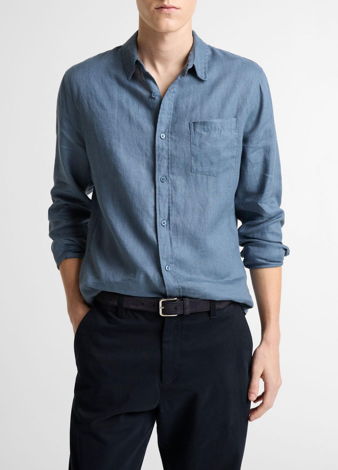 VINCE Men Linen Long-Sleeve Shirt in Long Sleeve UNIFORM BLUE