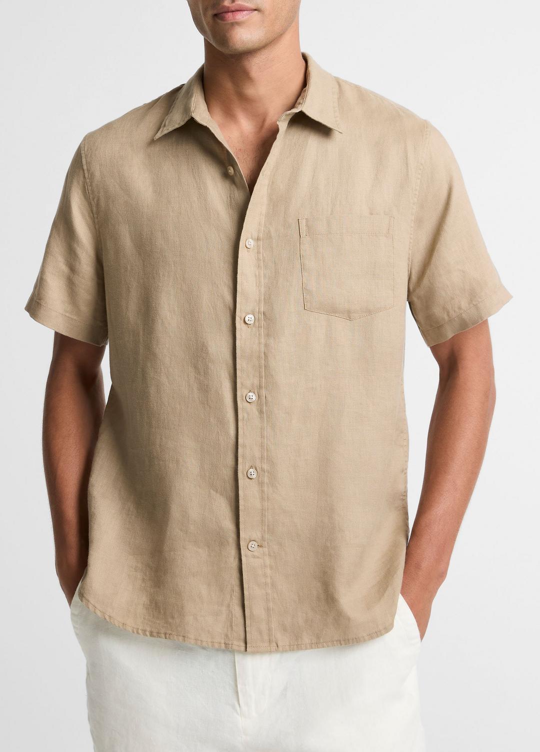 VINCE Men Linen Short-Sleeve Shirt in Long Sleeve TEAK