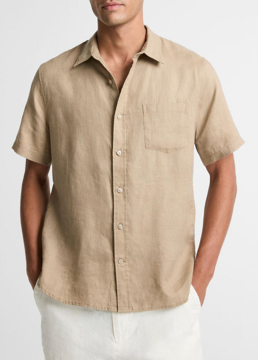 VINCE Men Linen Short-Sleeve Shirt in Long Sleeve TEAK