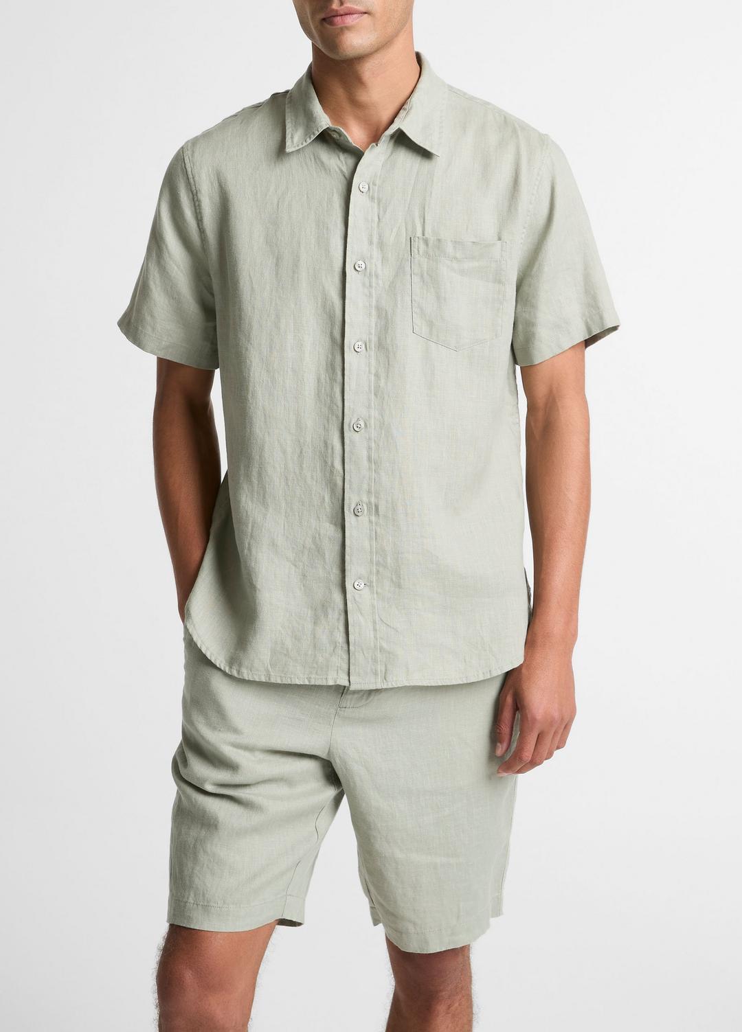 VINCE Men Linen Short-Sleeve Shirt in Long Sleeve MATCHA