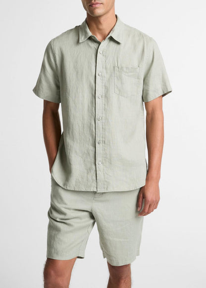 VINCE Men Linen Short-Sleeve Shirt in Long Sleeve MATCHA
