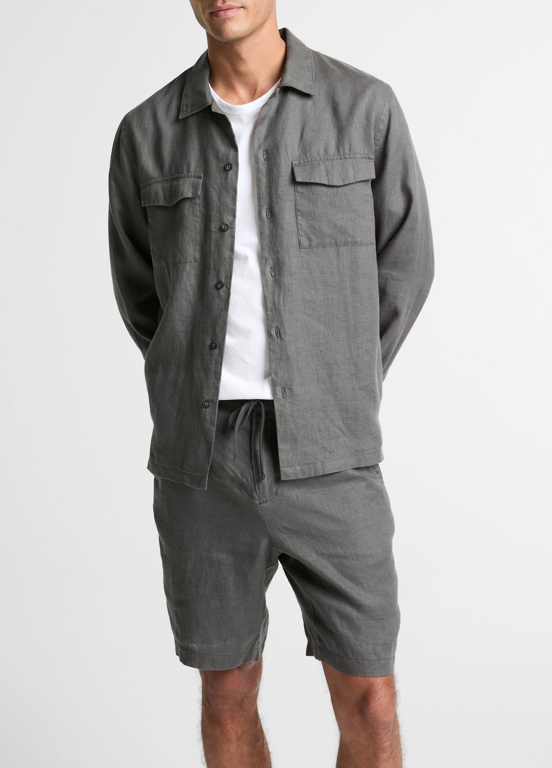 VINCE Men Linen Garage Shirt  in Long Sleeve SLATE
