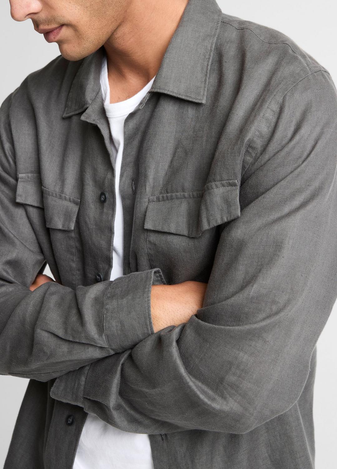 VINCE Men Linen Garage Shirt  in Long Sleeve SLATE