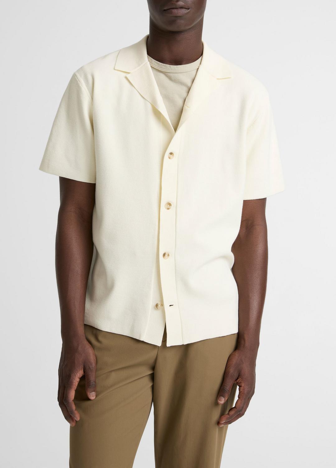 VINCE Men Merino Wool Cabana Shirt  in Short Sleeve CLASSIC CREAM