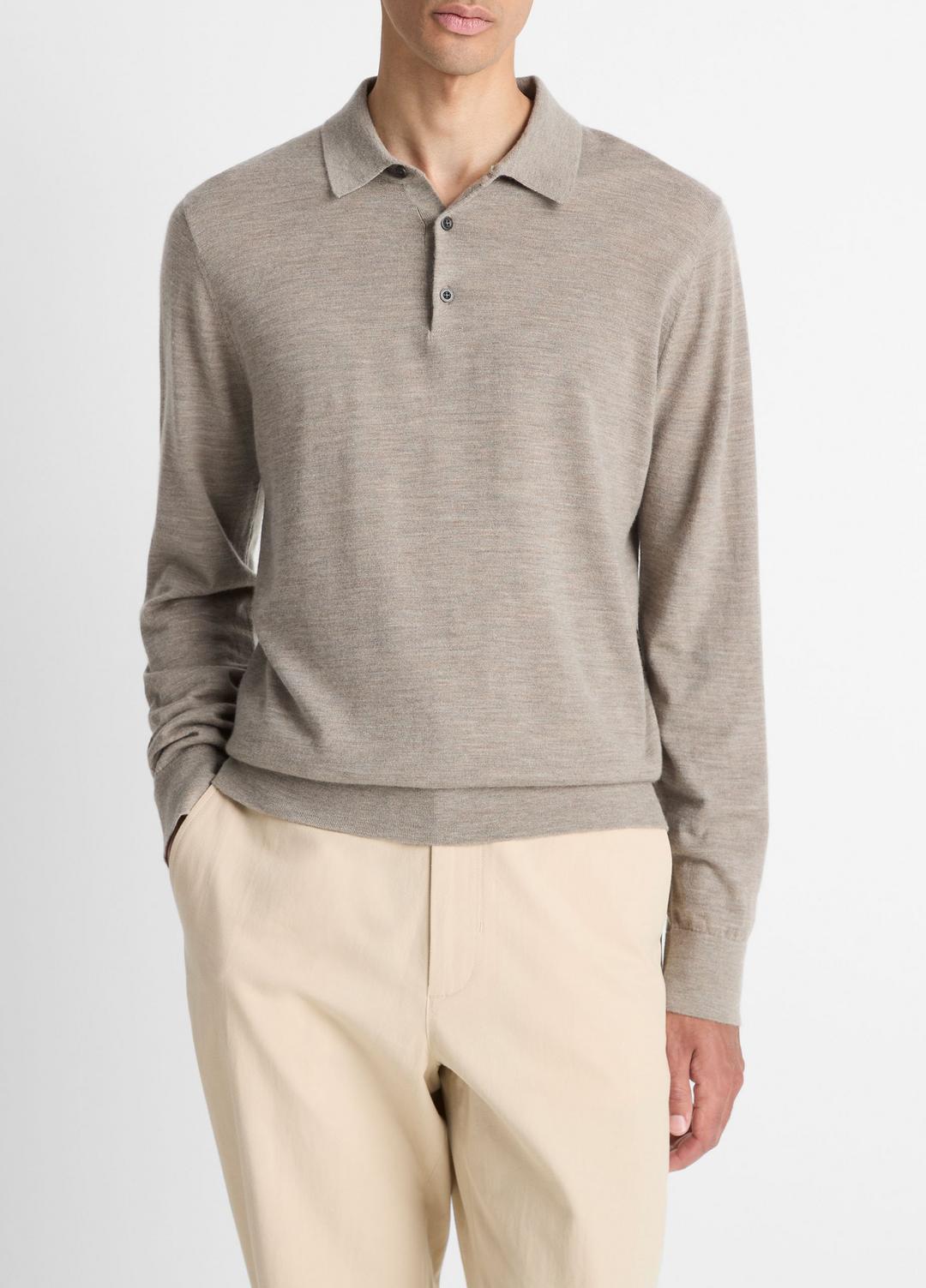 VINCE Men Featherweight Merino Wool-Cashmere Polo Sweater in Long Sleeve HEATHER SMOKE