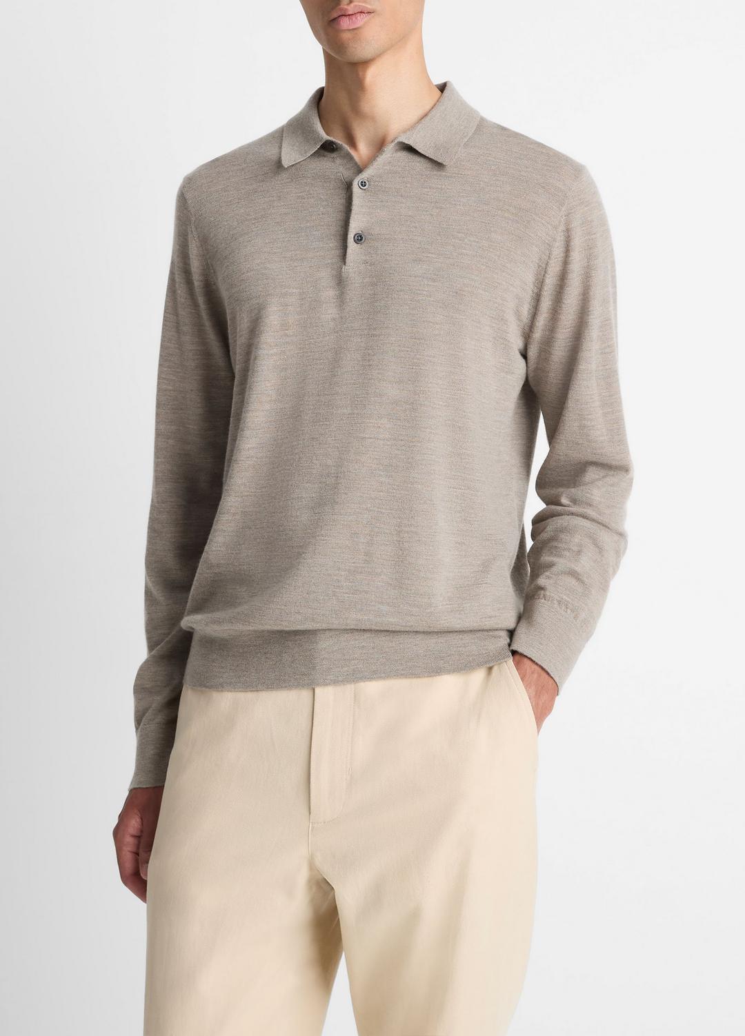 VINCE Men Featherweight Merino Wool-Cashmere Polo Sweater in Long Sleeve HEATHER SMOKE