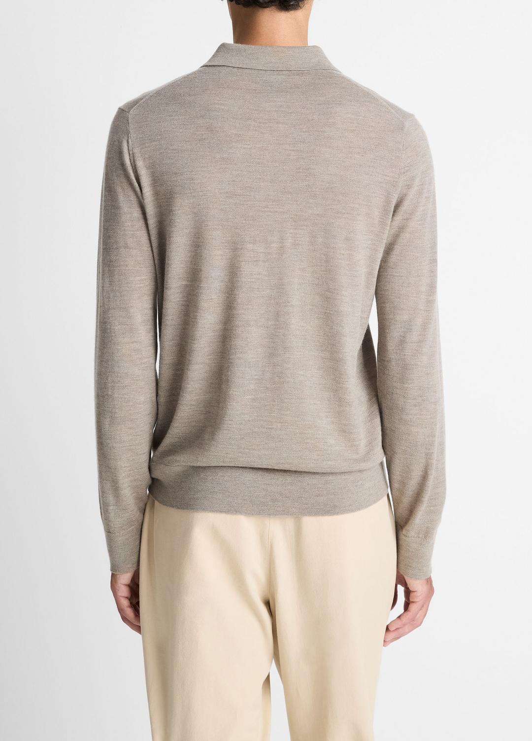 VINCE Men Featherweight Merino Wool-Cashmere Polo Sweater in Long Sleeve HEATHER SMOKE