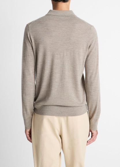 VINCE Men Featherweight Merino Wool-Cashmere Polo Sweater in Long Sleeve HEATHER SMOKE