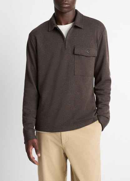 VINCE Men Herringbone Cotton-Blend Zip Polo Shirt in Henleys & Polos HEATHER DARK ROAST/BLACK