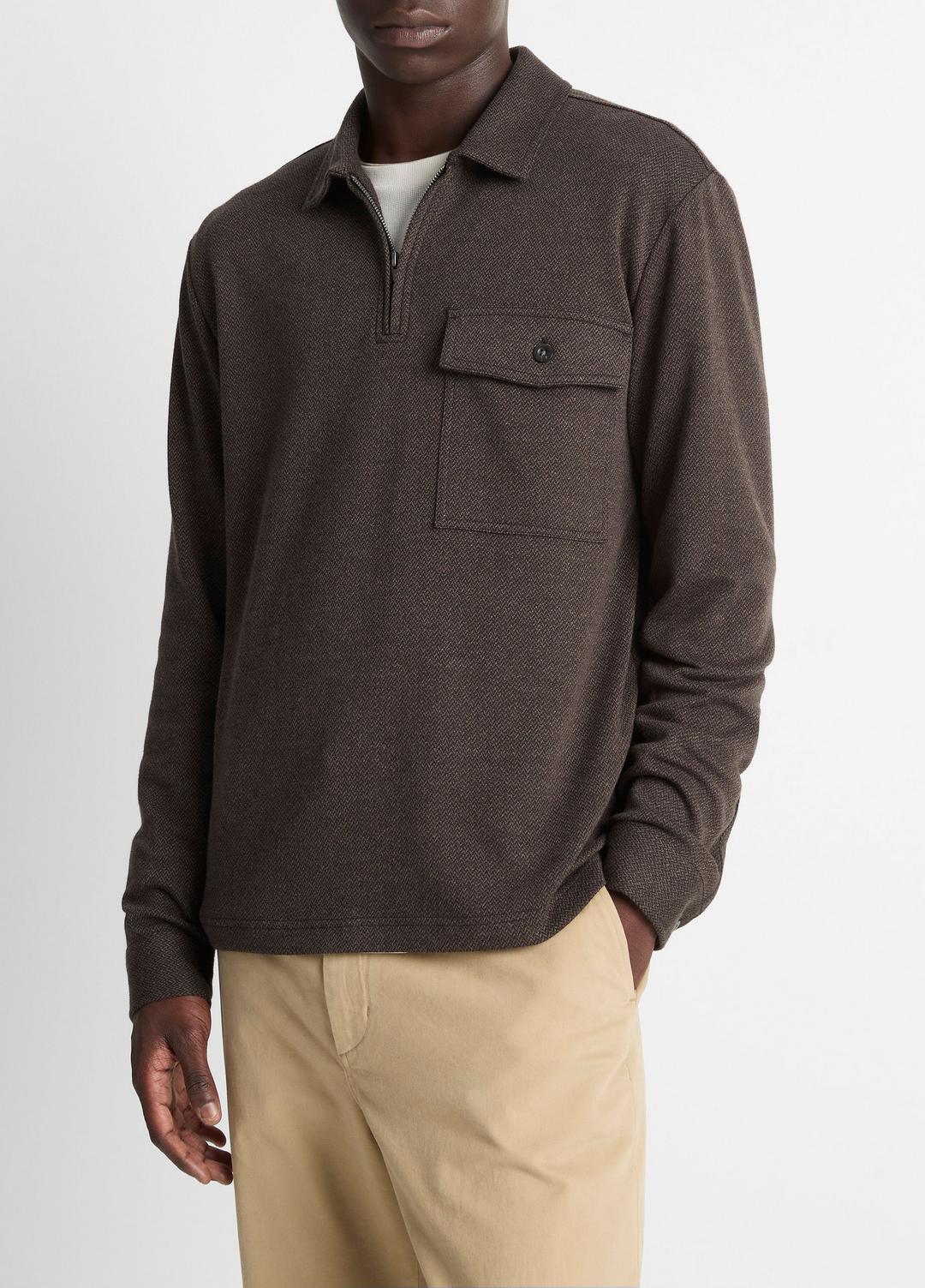 VINCE Men Herringbone Cotton-Blend Zip Polo Shirt in Henleys & Polos HEATHER DARK ROAST/BLACK