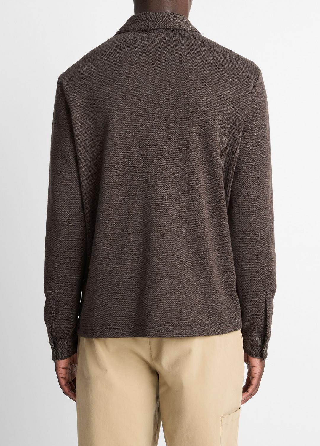 VINCE Men Herringbone Cotton-Blend Zip Polo Shirt in Henleys & Polos HEATHER DARK ROAST/BLACK