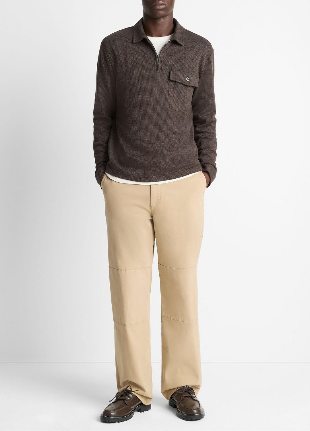 VINCE Men Herringbone Cotton-Blend Zip Polo Shirt in Henleys & Polos HEATHER DARK ROAST/BLACK