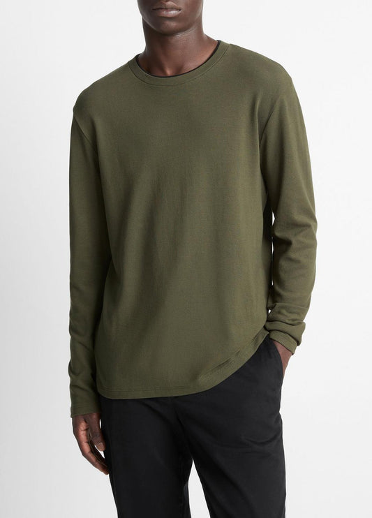VINCE Men Micro-Waffle Pima Cotton Double-Collar Long-Sleeve T-Shirt in Long Sleeve DRIVER GREEN/BLACK