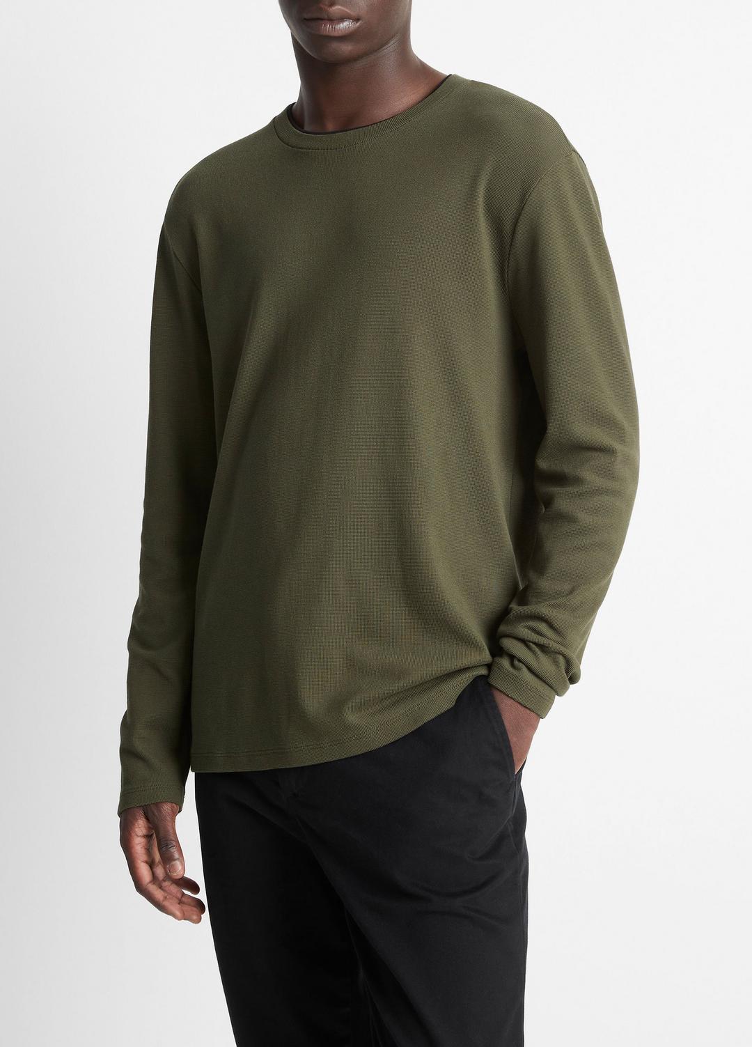 VINCE Men Micro-Waffle Pima Cotton Double-Collar Long-Sleeve T-Shirt in Long Sleeve DRIVER GREEN/BLACK