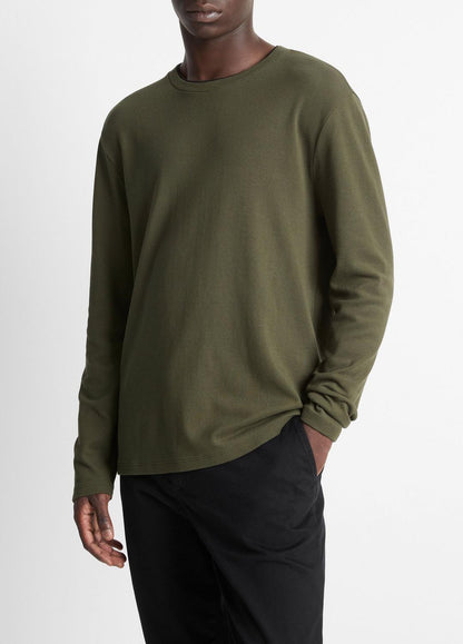VINCE Men Micro-Waffle Pima Cotton Double-Collar Long-Sleeve T-Shirt in Long Sleeve DRIVER GREEN/BLACK