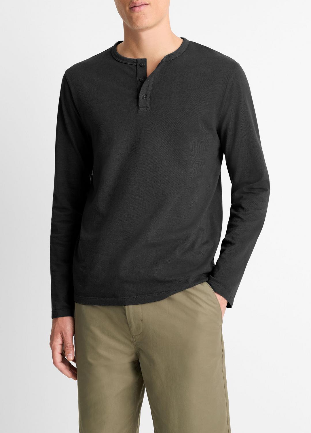 VINCE Men Garment Dye Cotton Long-Sleeve Henley in Henleys & Polos TRUE BLACK