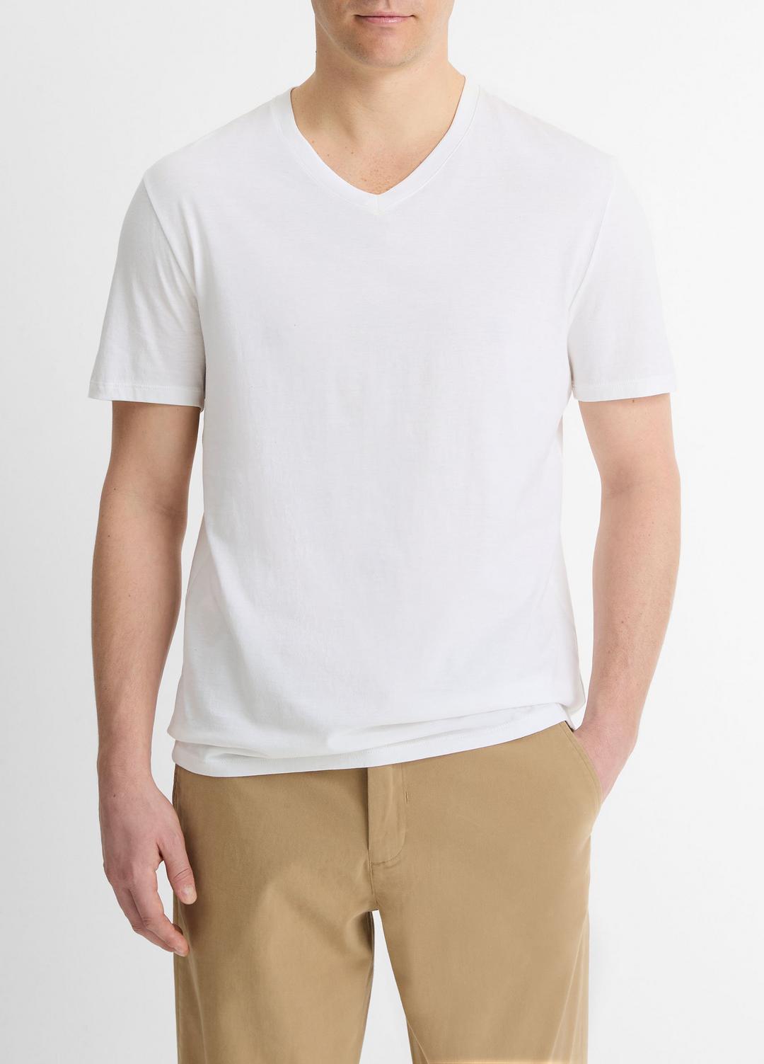 VINCE Men Pima Cotton V-Neck T-Shirt in Short Sleeve OPTIC WHITE
