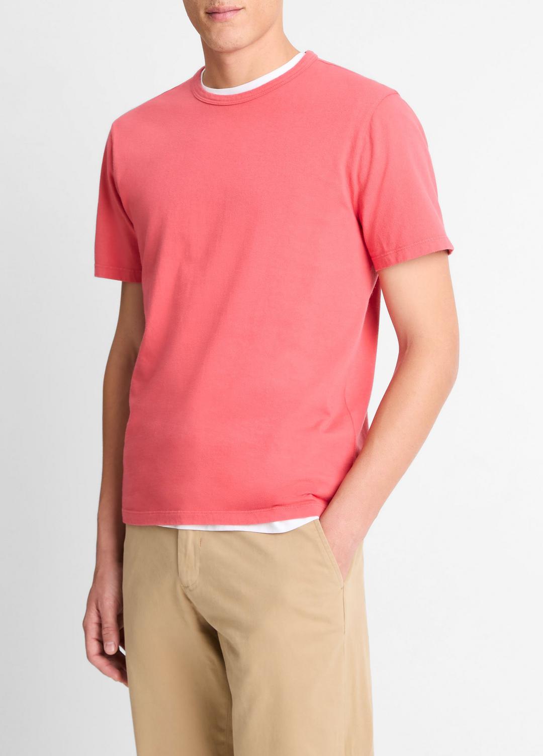 VINCE Men Garment Dye Cotton T-Shirt in Short Sleeve WASHED CORAL RED