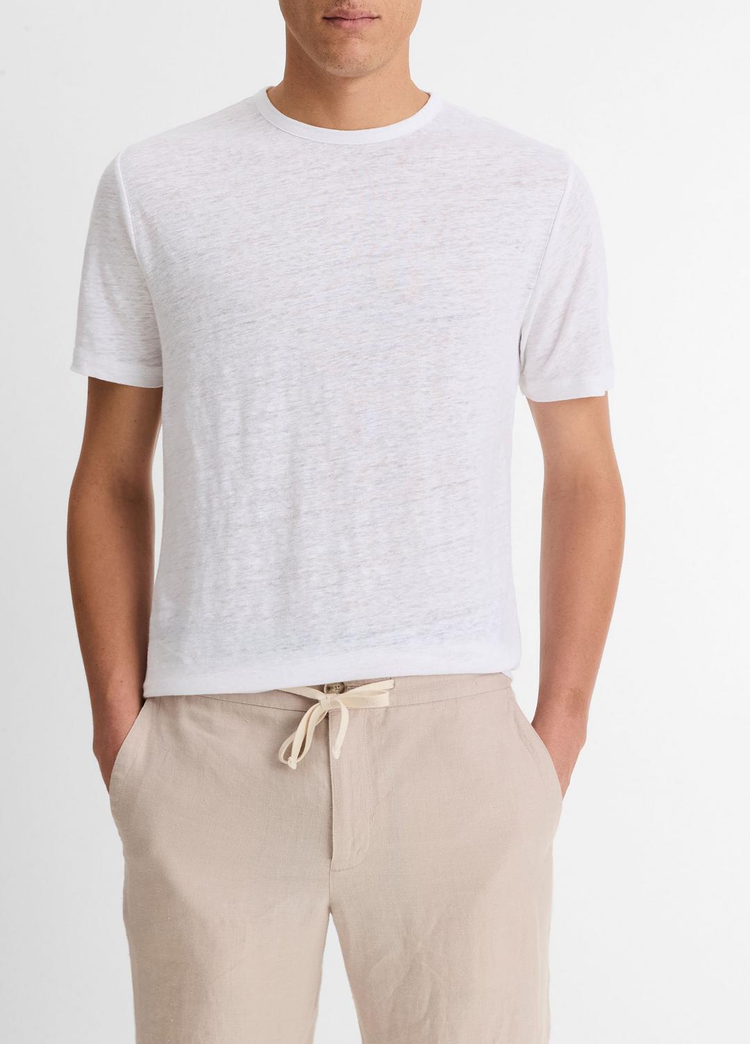 VINCE Men Linen Crew Neck T-Shirt in Short Sleeve OPTIC WHITE