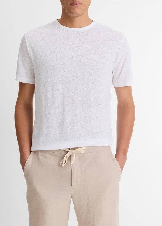 VINCE Men Linen Crew Neck T-Shirt in Short Sleeve OPTIC WHITE