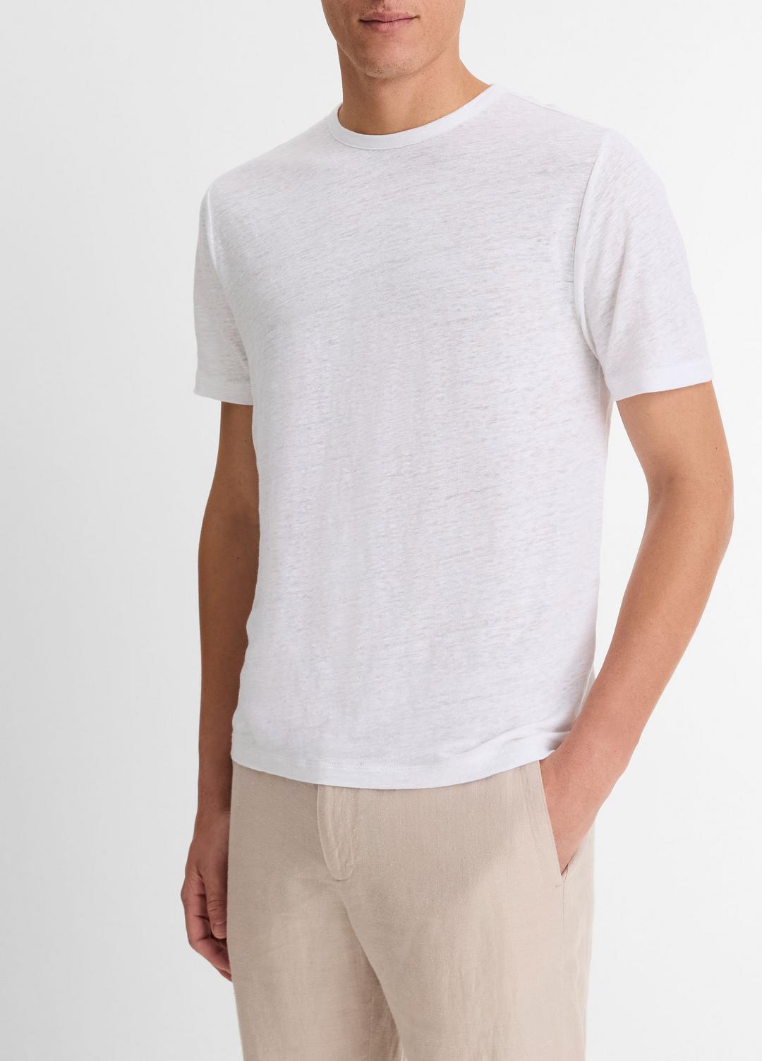 VINCE Men Linen Crew Neck T-Shirt in Short Sleeve OPTIC WHITE