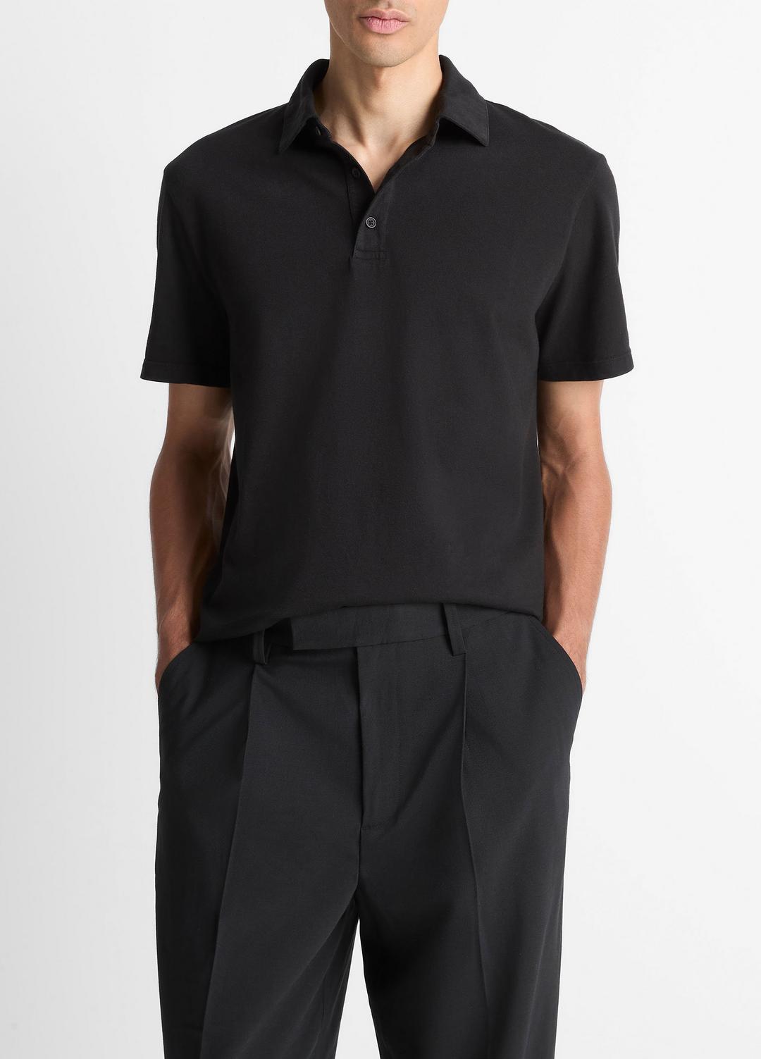 VINCE Men Garment Dye Cotton Polo Shirt in Short Sleeve TRUE BLACK