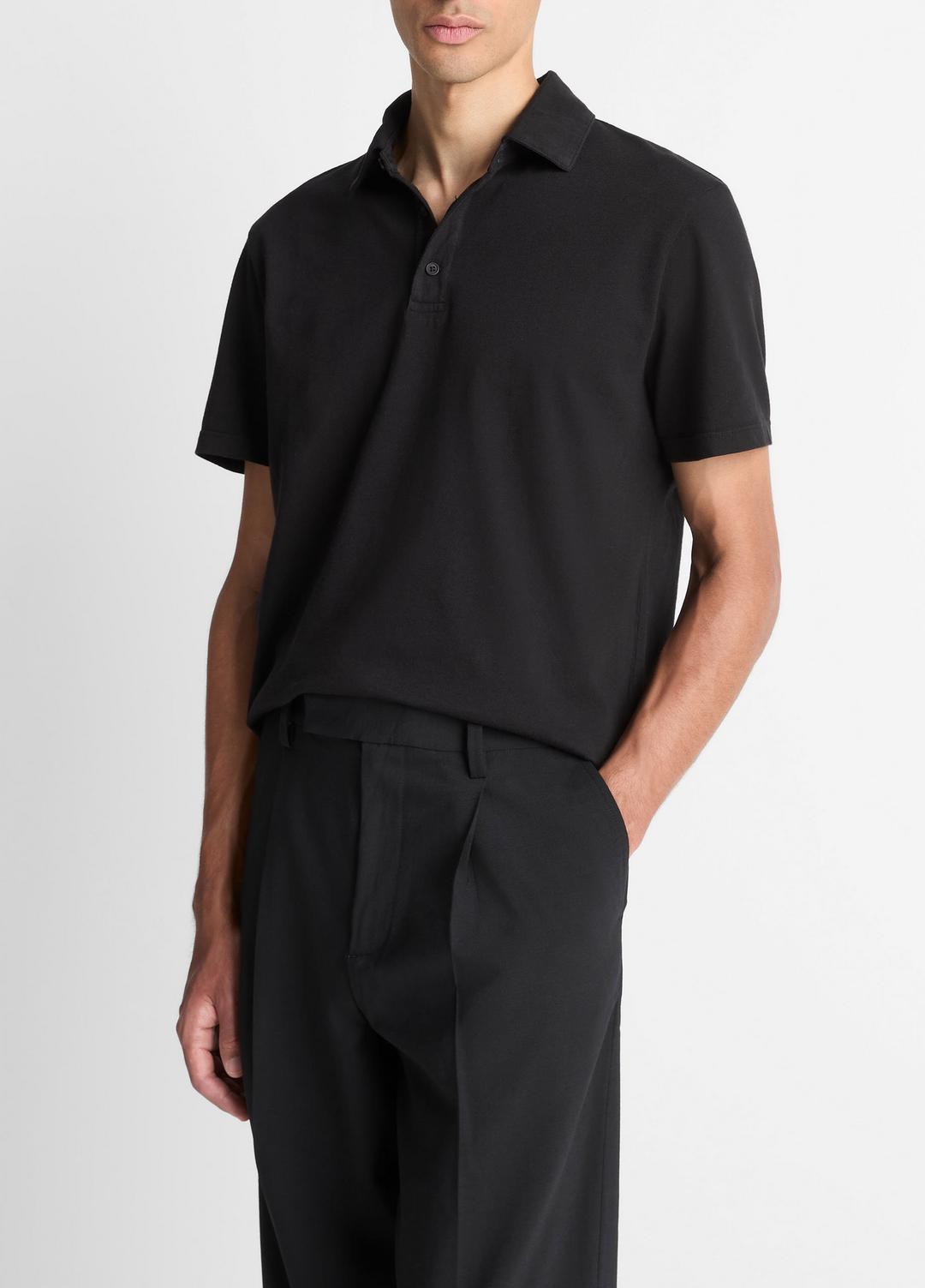 VINCE Men Garment Dye Cotton Polo Shirt in Short Sleeve TRUE BLACK