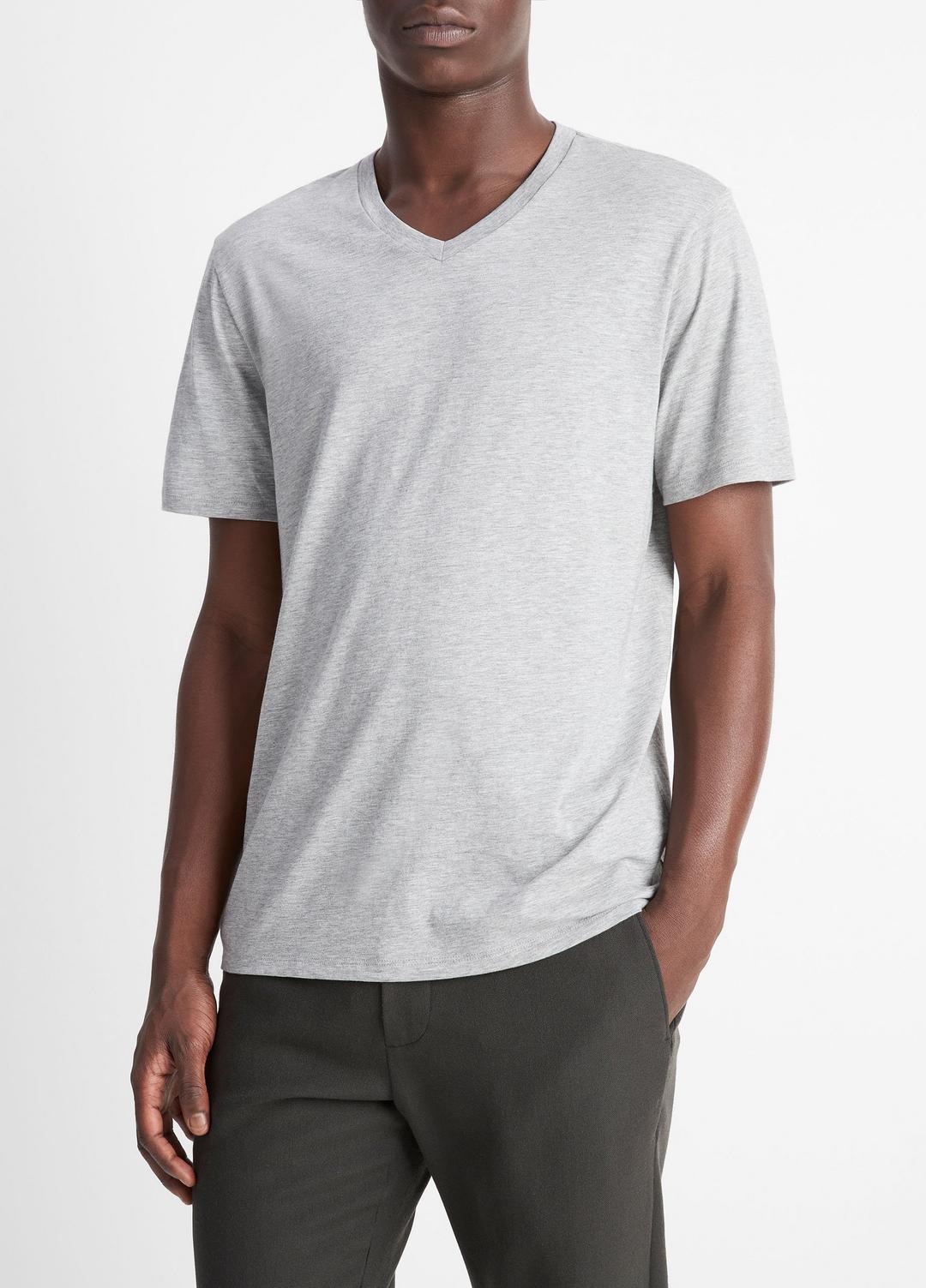 VINCE Men Pima Cotton V-Neck T-Shirt in Short Sleeve HEATHER STEEL