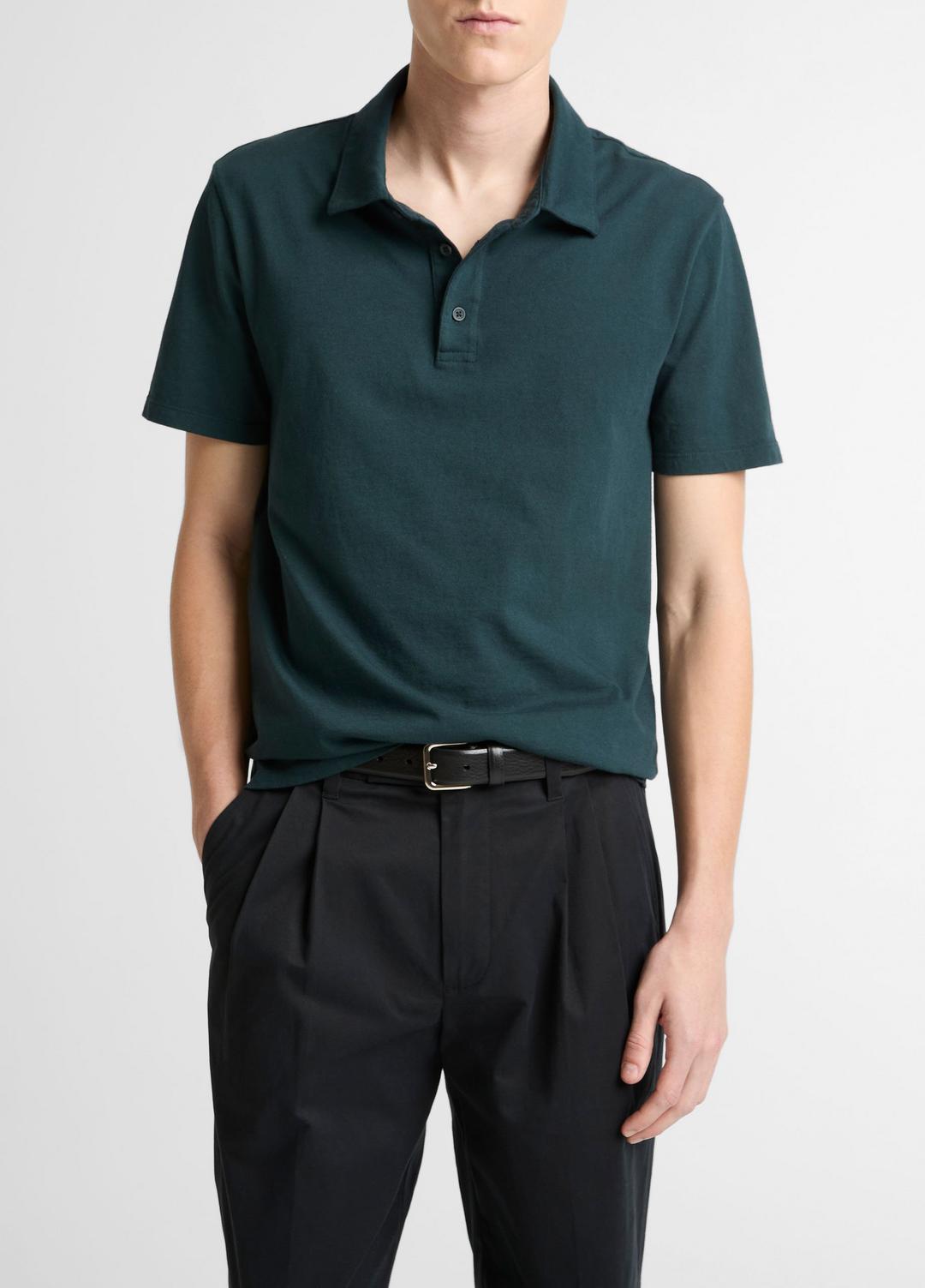 VINCE Men Garment Dye Cotton Polo Shirt in Short Sleeve WASHED SEAWEED