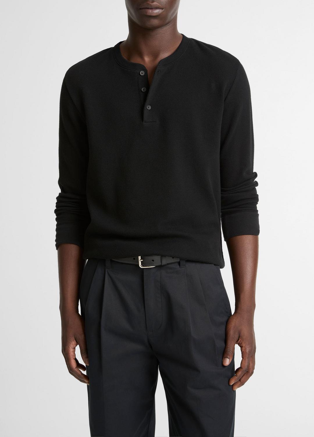VINCE Men Jacquard-Rib Cotton Henley in Long Sleeve BLACK
