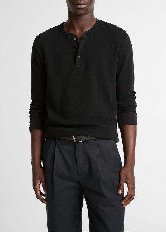 VINCE Men Jacquard-Rib Cotton Henley in Long Sleeve BLACK