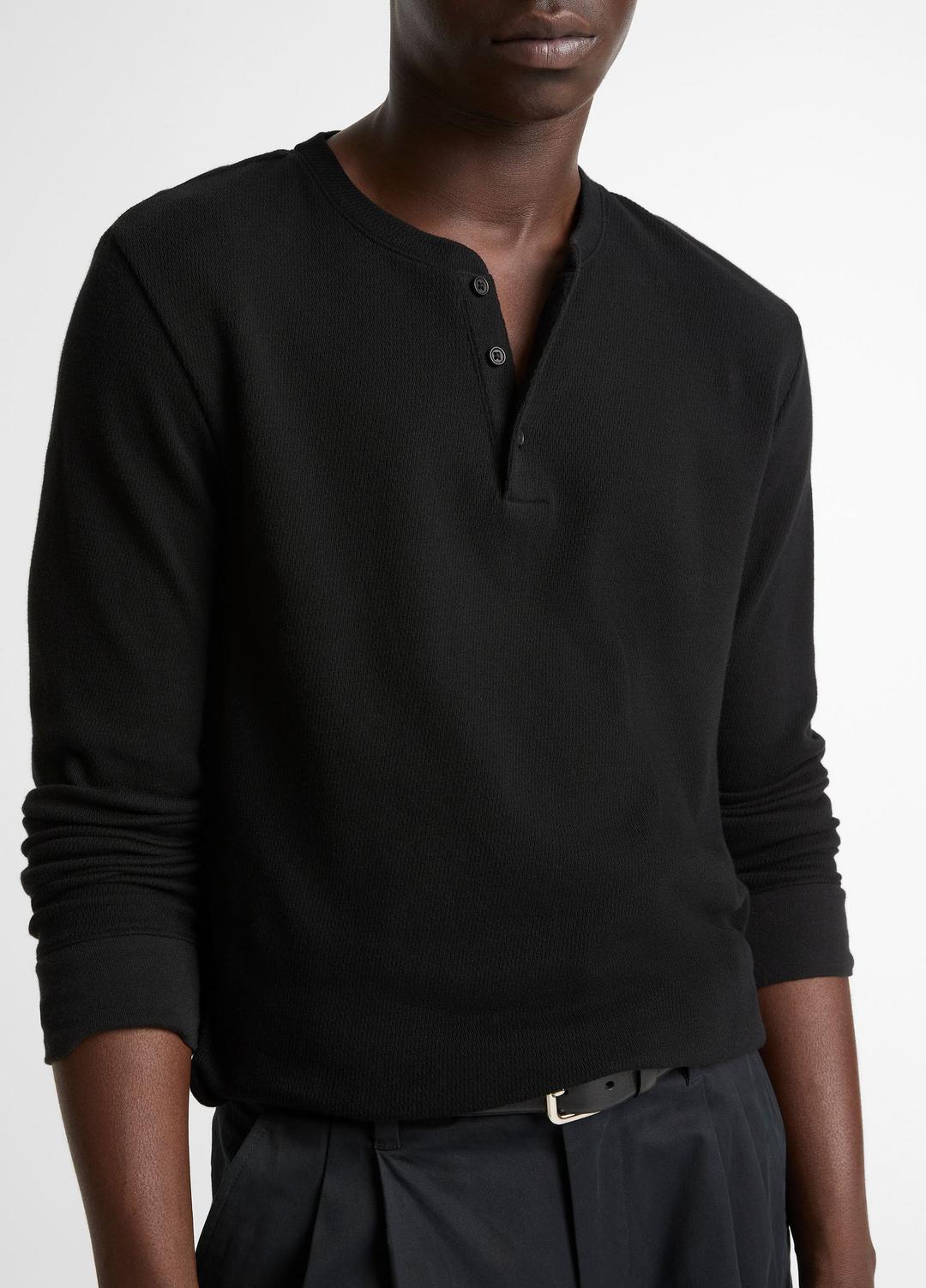 VINCE Men Jacquard-Rib Cotton Henley in Long Sleeve BLACK