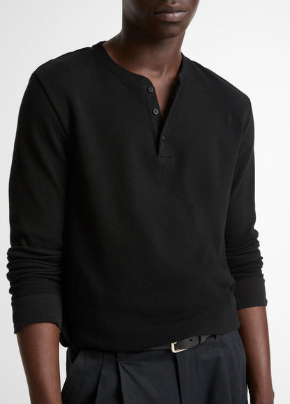 VINCE Men Jacquard-Rib Cotton Henley in Long Sleeve BLACK