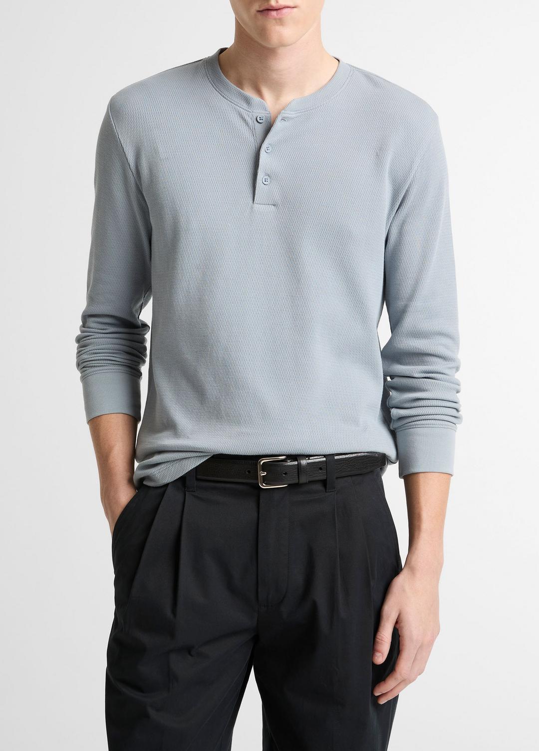 VINCE Men Jacquard-Rib Cotton Henley in Long Sleeve STEEL BLUE