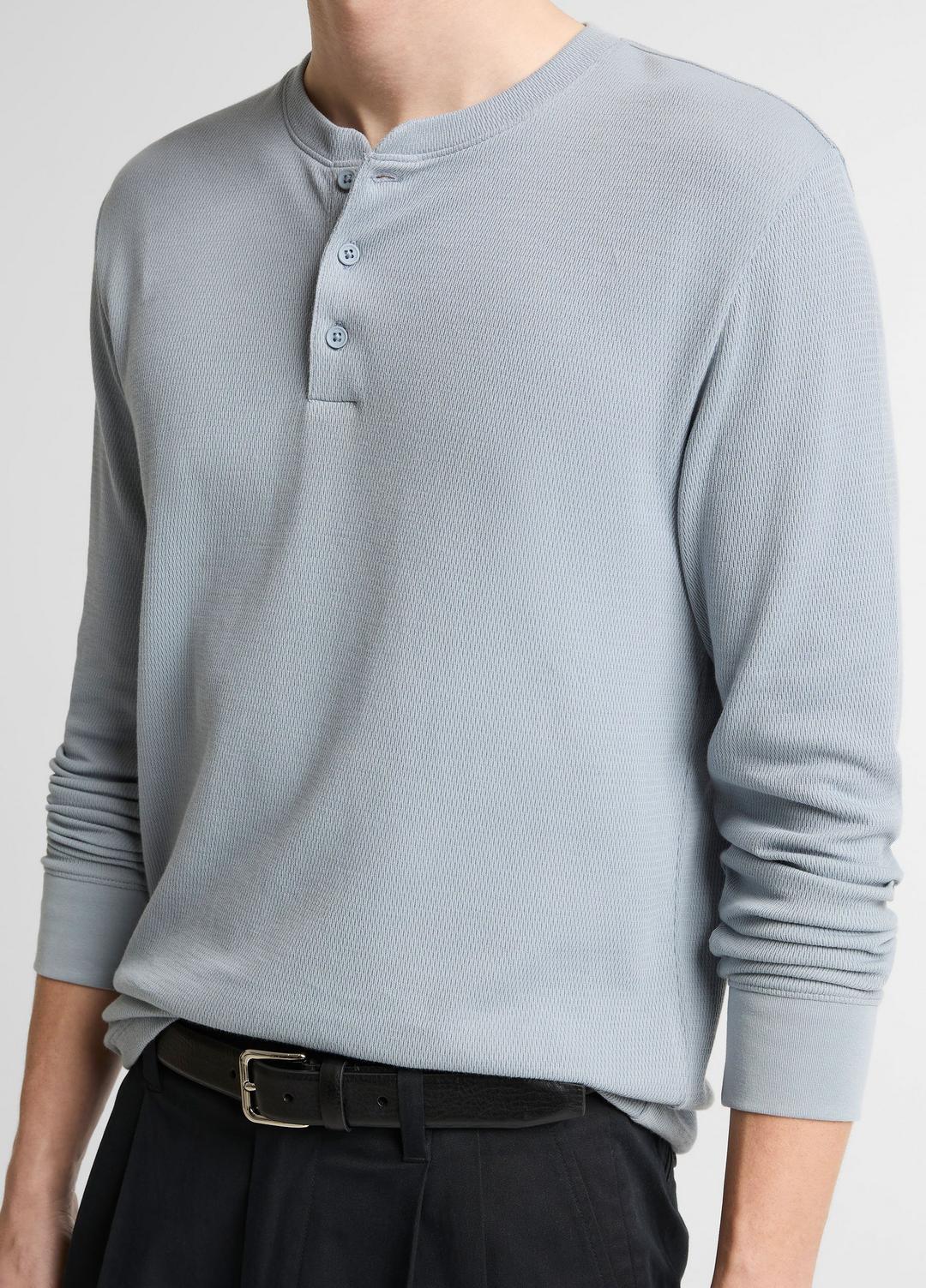 VINCE Men Jacquard-Rib Cotton Henley in Long Sleeve STEEL BLUE