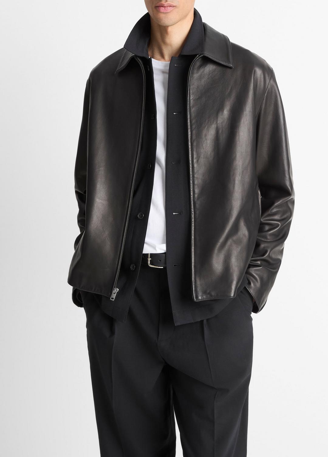 VINCE Men Leather Zip-Up Jacket in Leather Jackets BLACK